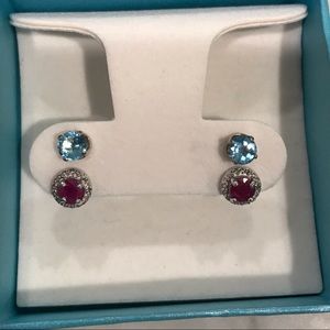 Gem stone earrings x 2, blue and red set in sterling silver, new